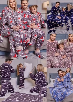 Есть наложка💙детская unisex пижама family look+ тапочки турецкая двухсторонняя махра с принтом🤗7 фото