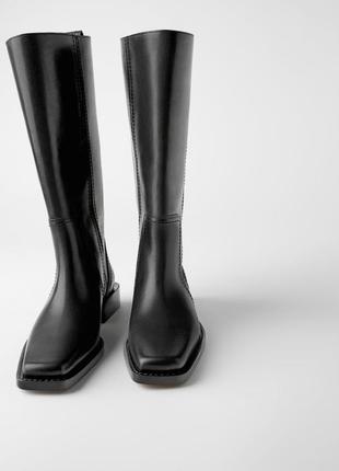 Черные кожаные сапоги zara 37 черные сапоги с квадратным мысом на низком каблуке классические сапоги2 фото