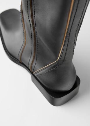 Черные кожаные сапоги zara 37 черные сапоги с квадратным мысом на низком каблуке классические сапоги4 фото