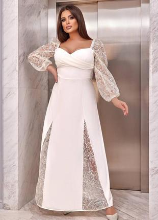 48-66р молочна довга сукня батал великі розміри довгий рукав гіпюр декольте біла в підлогу