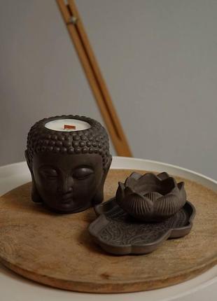 Комплект дзен с соевой свечой с эфирными аромамаслами в гипсовом кашпо будда1 фото