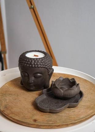 Комплект дзен с соевой свечой с эфирными аромамаслами в гипсовом кашпо будда6 фото