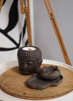 Комплект дзен с соевой свечой с эфирными аромамаслами в гипсовом кашпо будда3 фото
