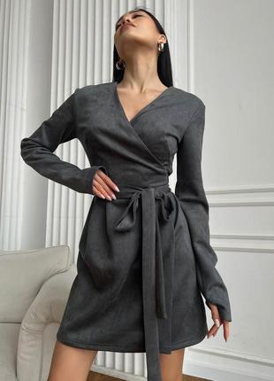 Плаття жіноче коротке замшеве, сіре3 фото
