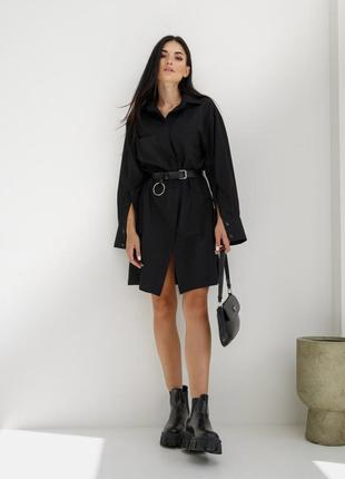Плаття-сорочка жіноче оверсайз, бавовняне, на ґудзиках, коротке, чорне3 фото
