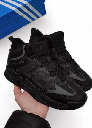 Зимние кроссовки adidas niteball black черные (мех)❄️8 фото