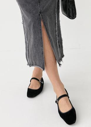 Джинсовая юбка миди с разрезом и бахромой - темно-серый цвет, m (есть размеры)4 фото