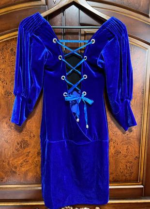Синє оксамитове плаття з об'ємним рукавом-ліхтариком2 фото