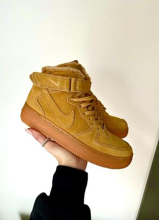 Круті жіночі зимові кросівки nike air force brown high fur руді на хутрі