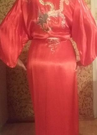 Халат женский кимоно красный атлас с вышивкой1 фото