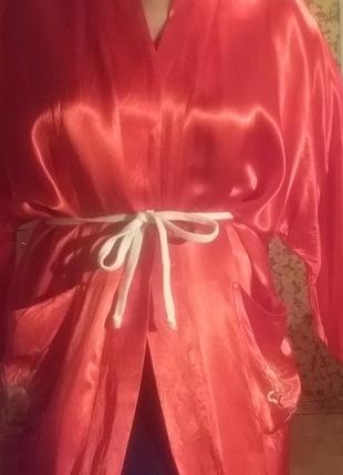 Халат женский кимоно красный атлас с вышивкой2 фото