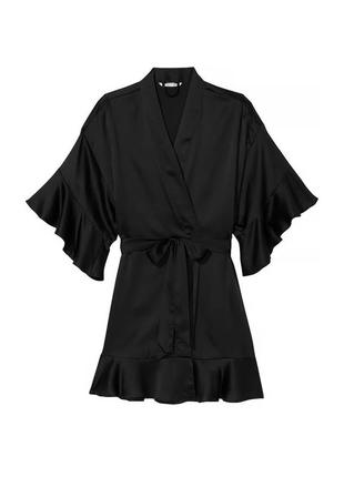 Атласний чорний халат victoria's secret flounce satin robe