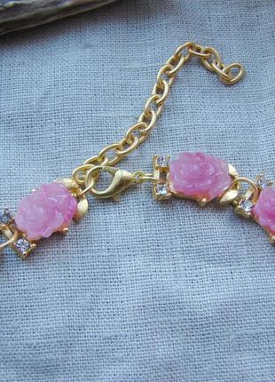 Шикарный комплект украшений ожерелье и серьги с розами золотистый розовый набор3 фото