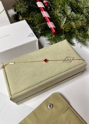 Браслет женский серебро 925 красный цветок клевер на золотистой цепочке брендовый в стиле van cleef люкс