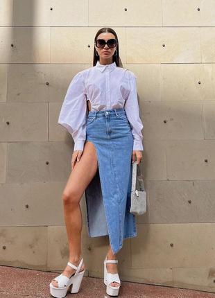 Шикарна трендова джинсова міді юбка з розрізом, bershka іспанія в стилі zara