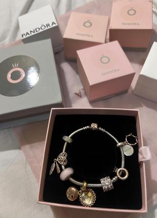 Браслет pandora 17 розмір з 7 шармами покриття 14к рожеве золото