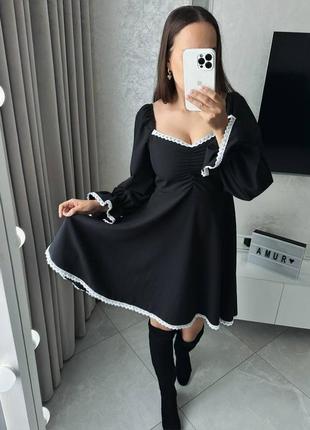 Платье мини с кружевом рукава фонарики на манжетах клеш платье свободная черная со складками на груди вечерняя элегантная стильная трендовая5 фото