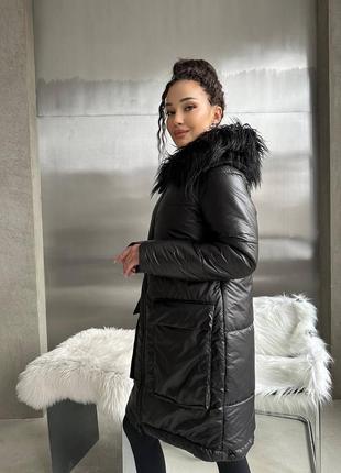 Пальто куртка женская теплая зимняя на зиму базовая без капюшона утепленная черная стеганая пуховик батал длинная4 фото