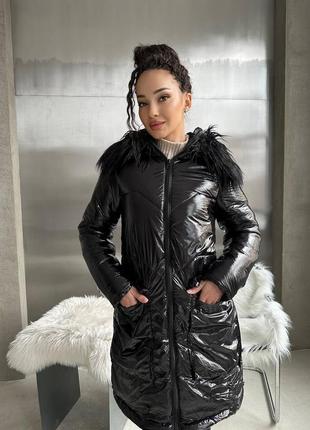 Пальто куртка женская теплая зимняя на зиму базовая без капюшона утепленная черная стеганая пуховик батал длинная6 фото