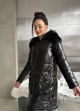 Пальто куртка жіноче тепле зимове на зиму базове без капюшону утеплене чорне стьобане пуховик батал довге2 фото