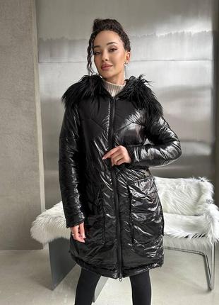 Пальто куртка жіноче тепле зимове на зиму базове без капюшону утеплене чорне стьобане пуховик батал довге6 фото