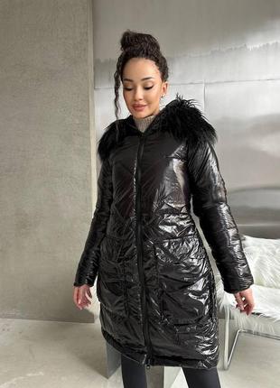 Пальто куртка жіноче тепле зимове на зиму базове без капюшону утеплене чорне стьобане пуховик батал довге5 фото