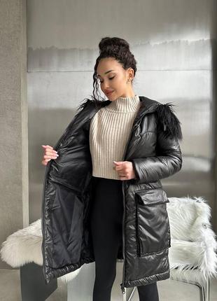 Пальто куртка жіноче тепле зимове на зиму базове без капюшону утеплене чорне стьобане пуховик батал довге9 фото
