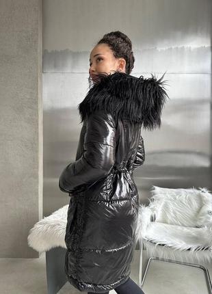 Пальто куртка жіноче тепле зимове на зиму базове без капюшону утеплене чорне стьобане пуховик батал довге4 фото