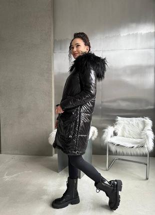 Пальто куртка жіноче тепле зимове на зиму базове без капюшону утеплене чорне стьобане пуховик батал довге7 фото