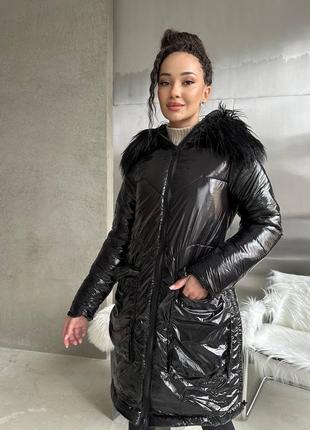 Пальто куртка жіноче тепле зимове на зиму базове без капюшону утеплене чорне стьобане пуховик батал довге3 фото