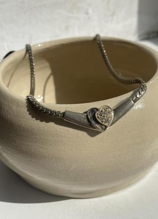 Ожерелье бижутерия с сердочкой с камушками перламутр на цепи подвеска сердце
