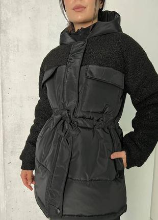 Тёплая зимняя куртка с эко мехом тедди барашек каракуль плащёвка молочная чёрная серо - голубая парка пальто пуховик шуба средней длины4 фото