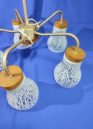 Велика люстра на стелю світильник на 5 лампочок плафон скляний з візерунком