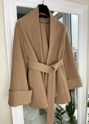 Zara шерстяное пальто кимоно под пояс кемел кэмел