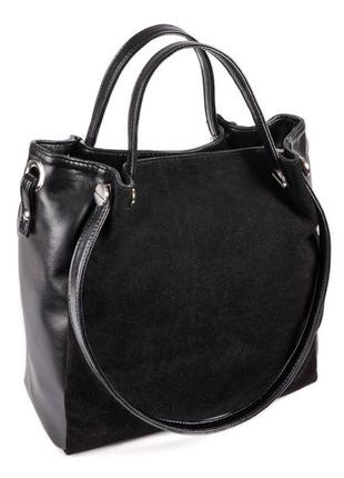 Чёрная замшевая женская молодёжная деловая сумка шоппер с длинными ручками на плечо1 фото