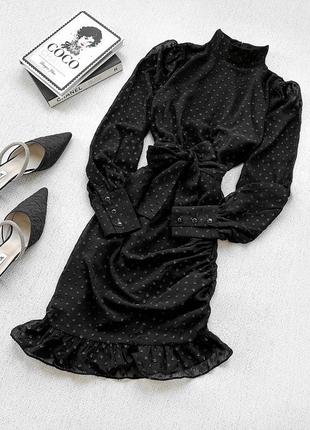 Розкішна сукня-футляр koton сіточкою в блискучий горошок з пишними рукавами-буфами і паском1 фото