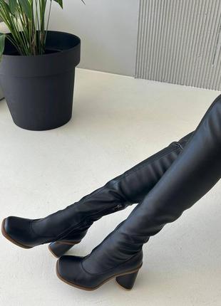 Кожаные сапоги ботфорты из натуральной кожи на каблуке сапожки на кольцах с тупым носиком высокие2 фото