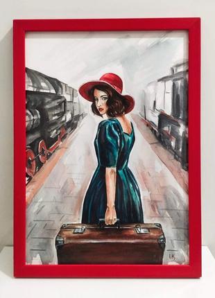 Картина акварель 20х30 см (а4) девушка с чемоданом