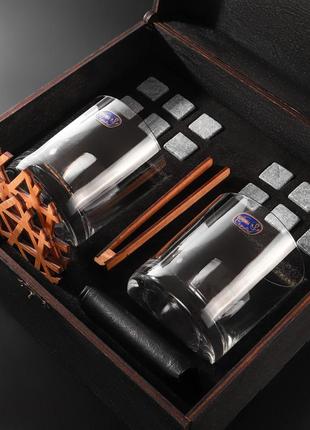 Дерев'яний бокс преміум 2 стакана для віскі та каміння для охолодження