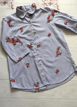 Блузка в полоску цветы модная вышивка рубашка