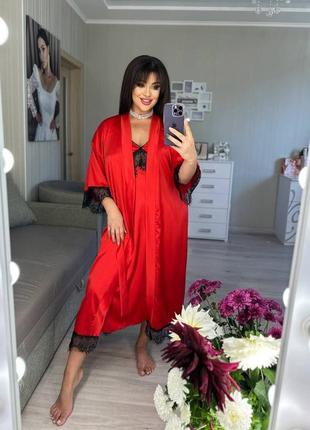 Домашный женский красный шёлковый халат1 фото