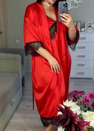Домашный женский красный шёлковый халат3 фото