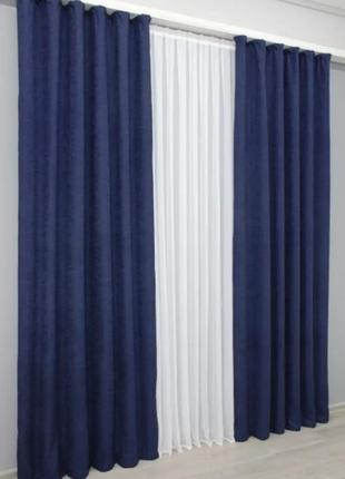Комплект штор в вітальню (2шт. 1,5х2,7м) льон. колір темно-синій4 фото