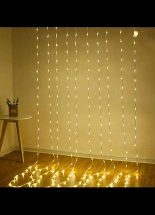 Гірлянда штора 320 led, 3*3 м, статич. режим,прозорий шнур, золоте світло, з перехідником