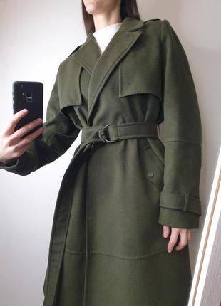 Качественное плотное пальто тренч цвета хаки с поясом dorothy perkins1 фото