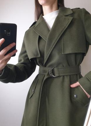 Качественное плотное пальто тренч цвета хаки с поясом dorothy perkins8 фото