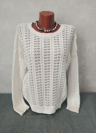 Белый коттоновый ажурный джемпер свитер кофта 48 размера10 фото