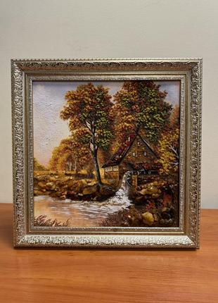 Картина з бурштину «осінь.дім у лісі»