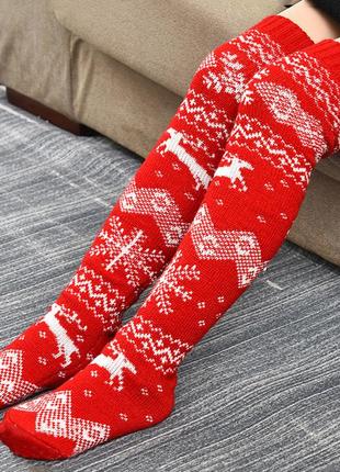 Жіночі зимові високі гольфи ботфорти 1437 теплі червоні новорічні високі носки святкові на фотосесію2 фото