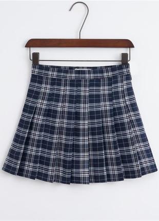 Девчачья юбка в клетку с шортиками 6633 темно-синяя юбочка в клетку школьная форма